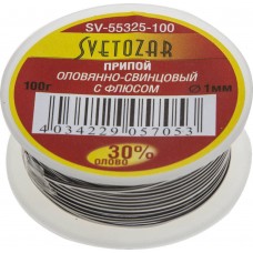 Припой ПОС 30, 1 мм, 100 г, трубка с флюсом, катушка СВЕТОЗАР SV-55325-100