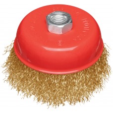 Корщетка-чашка, гайка М14, стальная латунированная волнистая проволока 100 мм, блистер (39093)