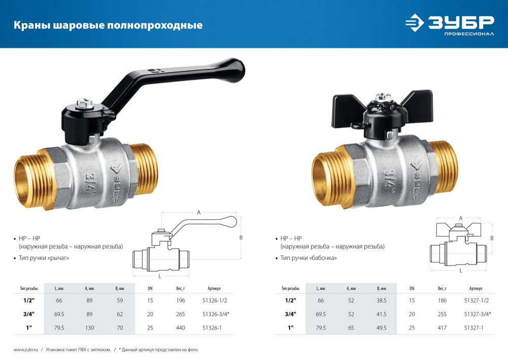 Шаровой кран полнопроходной d 1/2, ручка-рычаг, «папа-папа» ЗУБР 51326-1/2