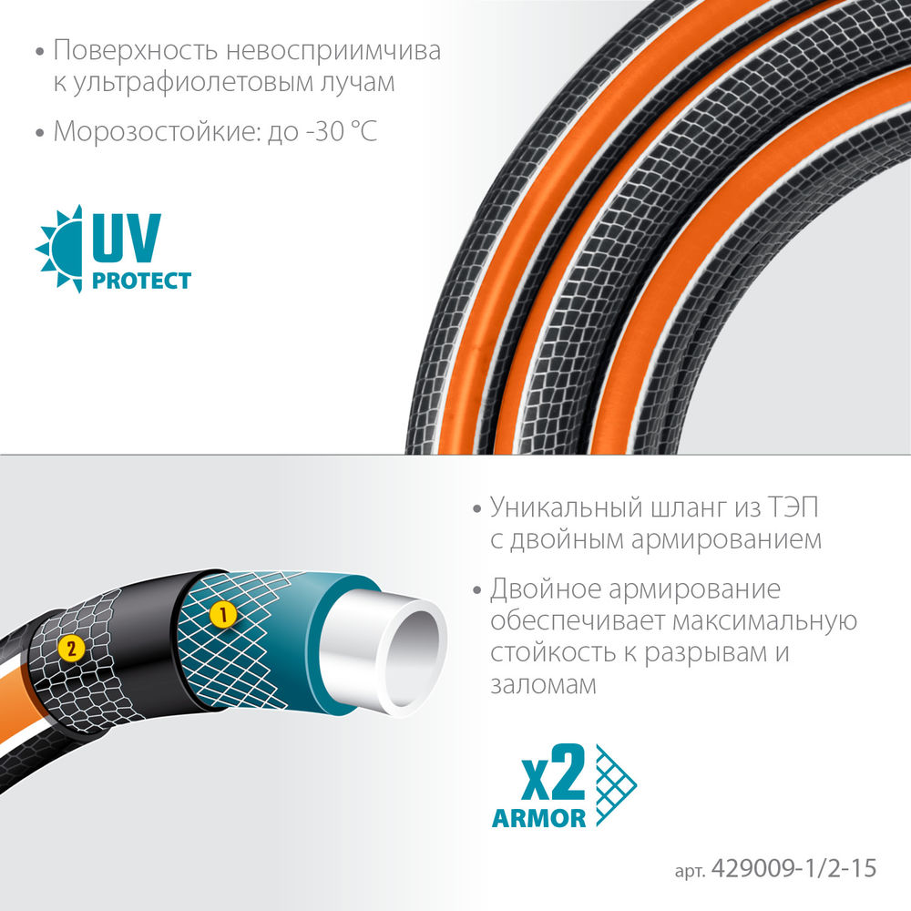 Поливочный шланг ULTRA 6, 1/2, 15 м, 30 атм, шестислойный, двойное армирование, PROLine GRINDA 429009-1/2-15