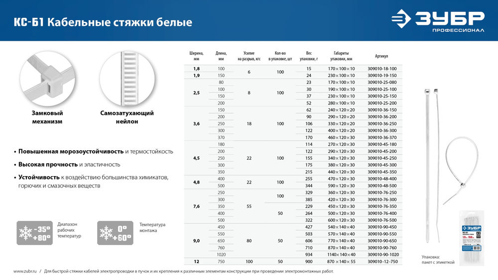 Кабельные стяжки КС-Б1, 12 x 750 мм, нейлон РА66, 50 шт, белые ЗУБР Профессионал 309010-12-750