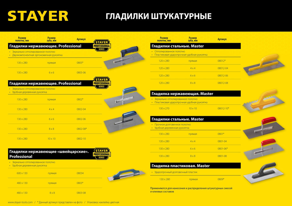 Гладилка штукатурная 130 х 280 мм, зуб 6 х 6 мм Professional STAYER 0802-06