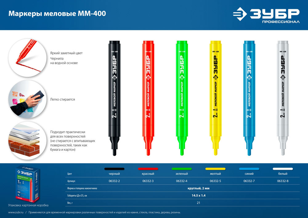 Меловой маркер ММ-400 белый, 2 мм ЗУБР 06332-8