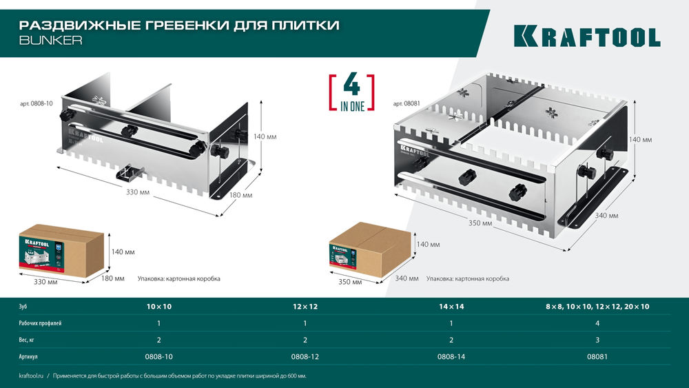 Раздвижная гребенка для плитки зуб 12?12 мм до 600 мм нерж. сталь BUNKER KRAFTOOL 0808-12