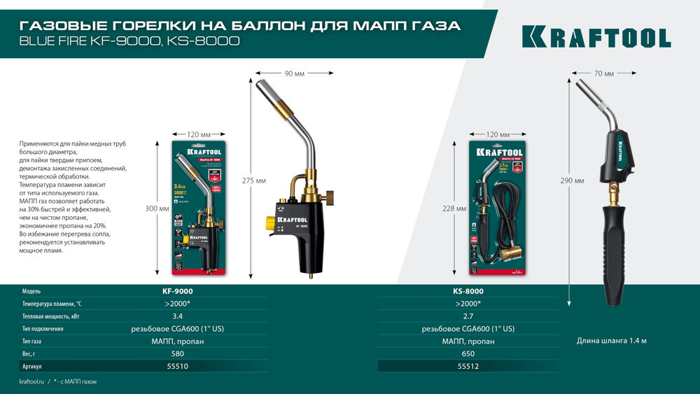 Газовая горелка Blue Fire KS-8000, со шлангом 1.4 м, с пьезоподжигом на баллон, турбо нагрев + 30%, 2000°C KRAFTOOL 55512