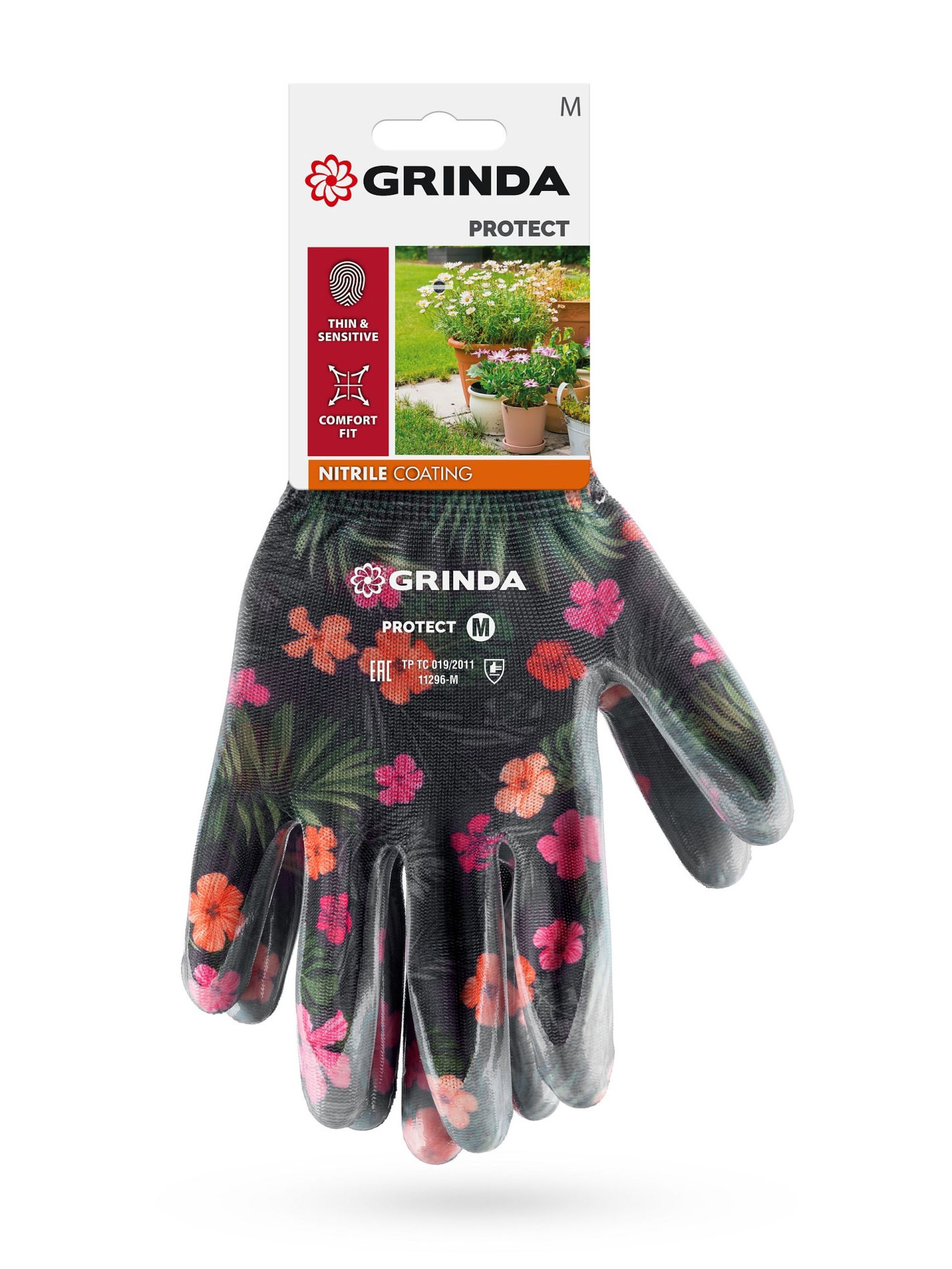 GRINDA PROTECT, M (8), садовые перчатки с прозрачным нитриловым покрытием, чёрные, 13 класс (11296-M)