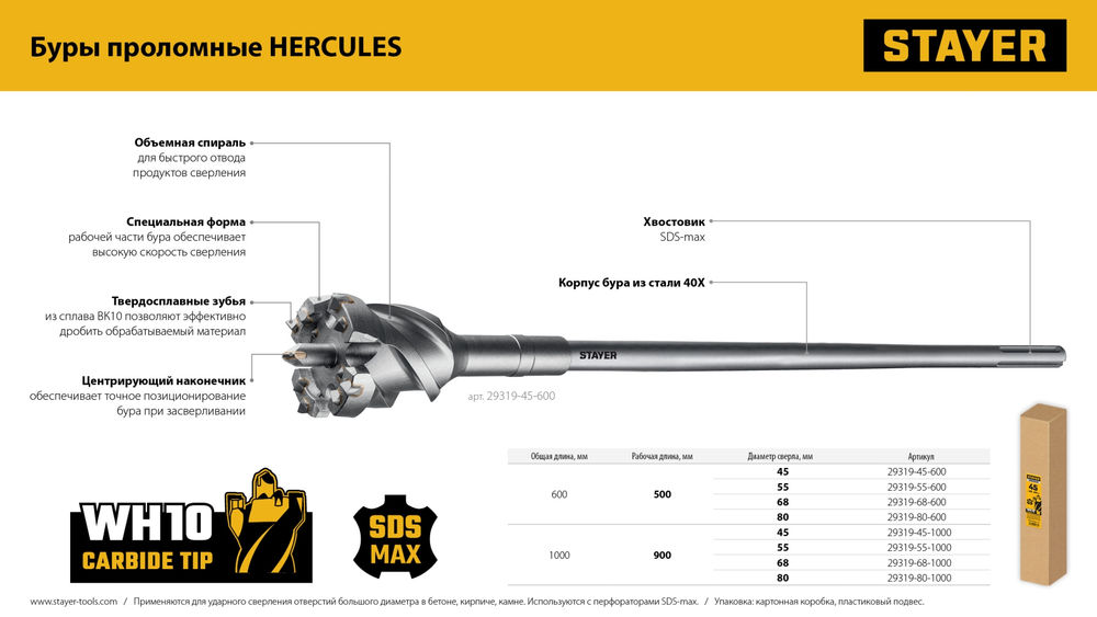Бур проломной SDS-max PROFESSIONAL HERCULES-4Х STAYER d68x500/600 мм 29319-68-600  