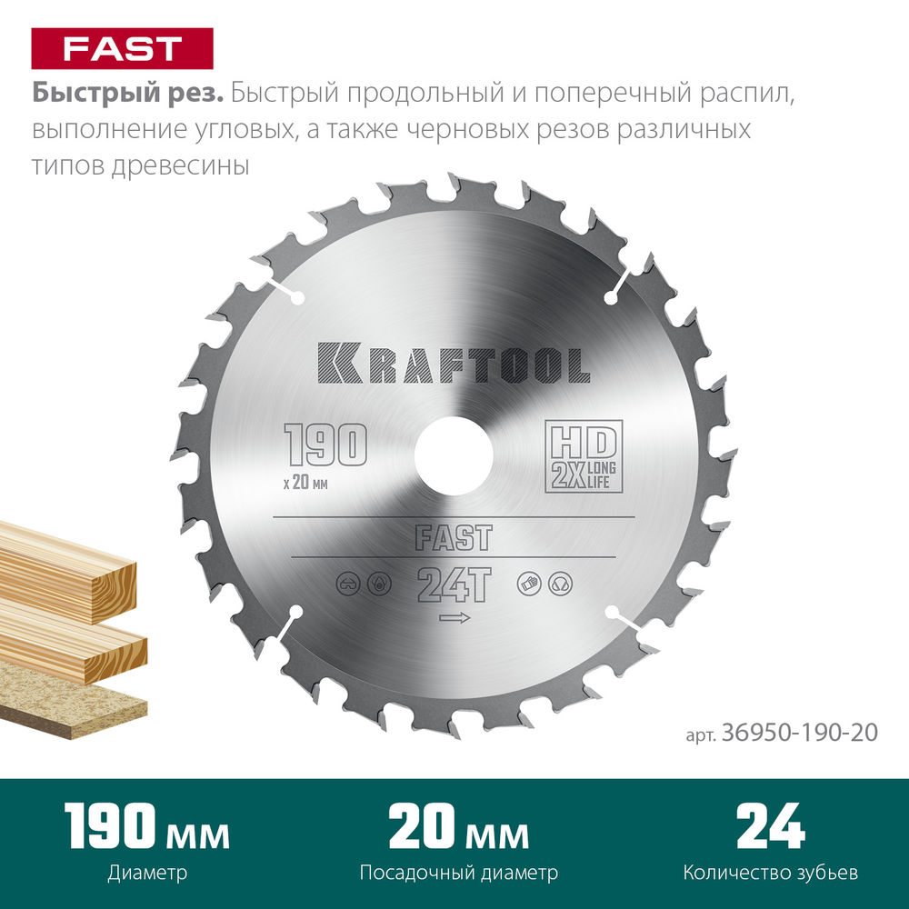 Пильный диск по дереву Fast, 190 х 20 мм, 24Т KRAFTOOL 36950-190-20