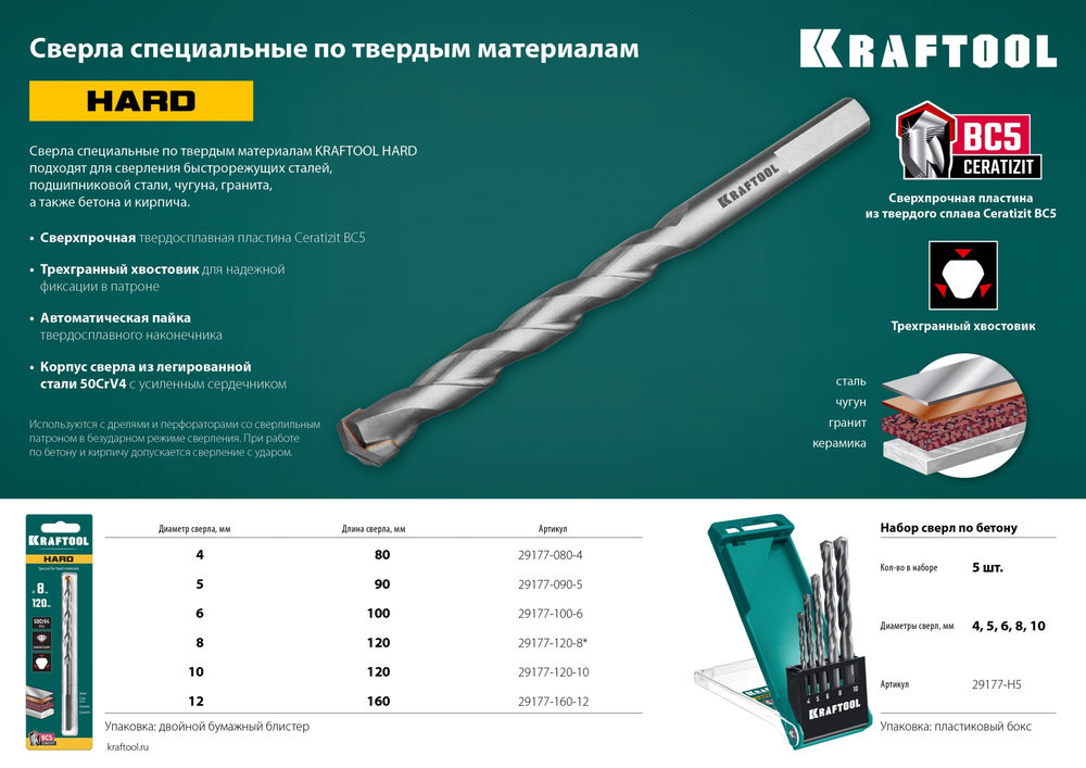 Сверло специальное по твёрдым материалам Hard, 8 х 120 мм, тв.сплав ВС5 KRAFTOOL 29177-120-8