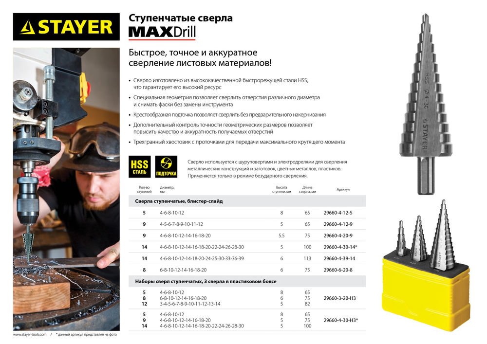Сверло ступенчатое 6-20 мм, 8 ступеней, сталь HSS STAYER 29660-6-20-8