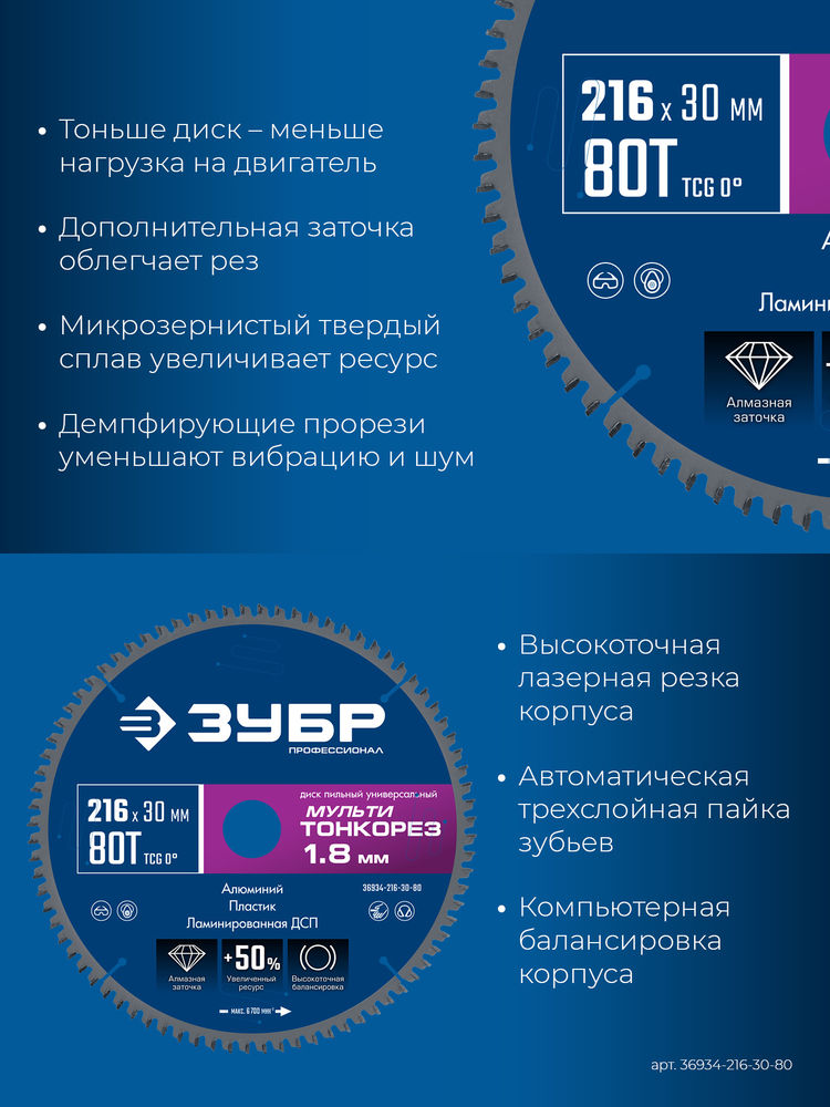 Диск пильный универсальный тонкий рез Мульти Тонкорез 216 х 30 х 1.8 мм, 80Т ЗУБР Профессионал 36934-216-30-80