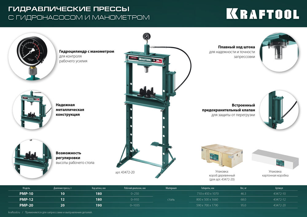 Гидравлический пресс с гидронасосом и манометром PMP-20, 20 т KRAFTOOL 43472-20