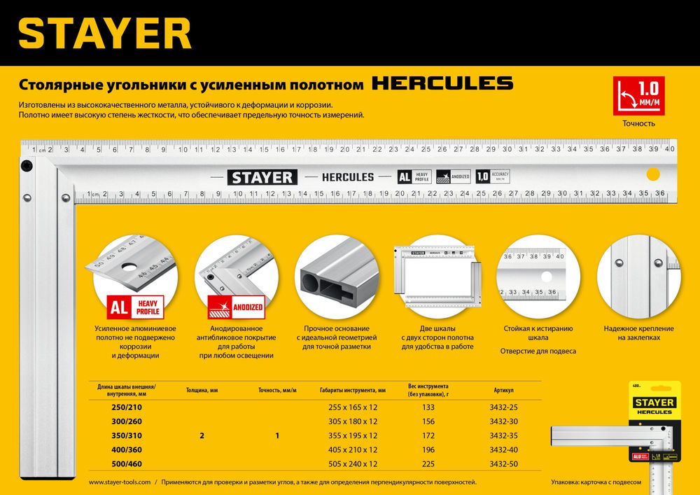 Угольник столярный 250 мм, жесткий STAYER Professional 3432-25