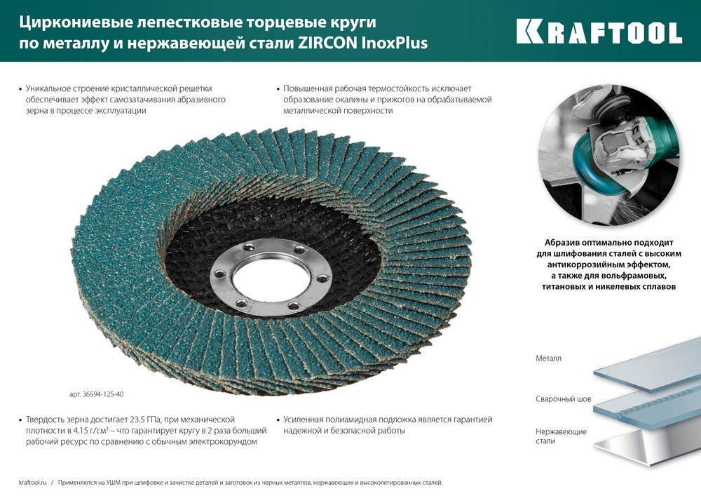 Круг лепестковый циркониевый торцевой по металлу и нержавеющей стали, 125 х 22.2 мм, P60 KRAFTOOL 36594-125-60