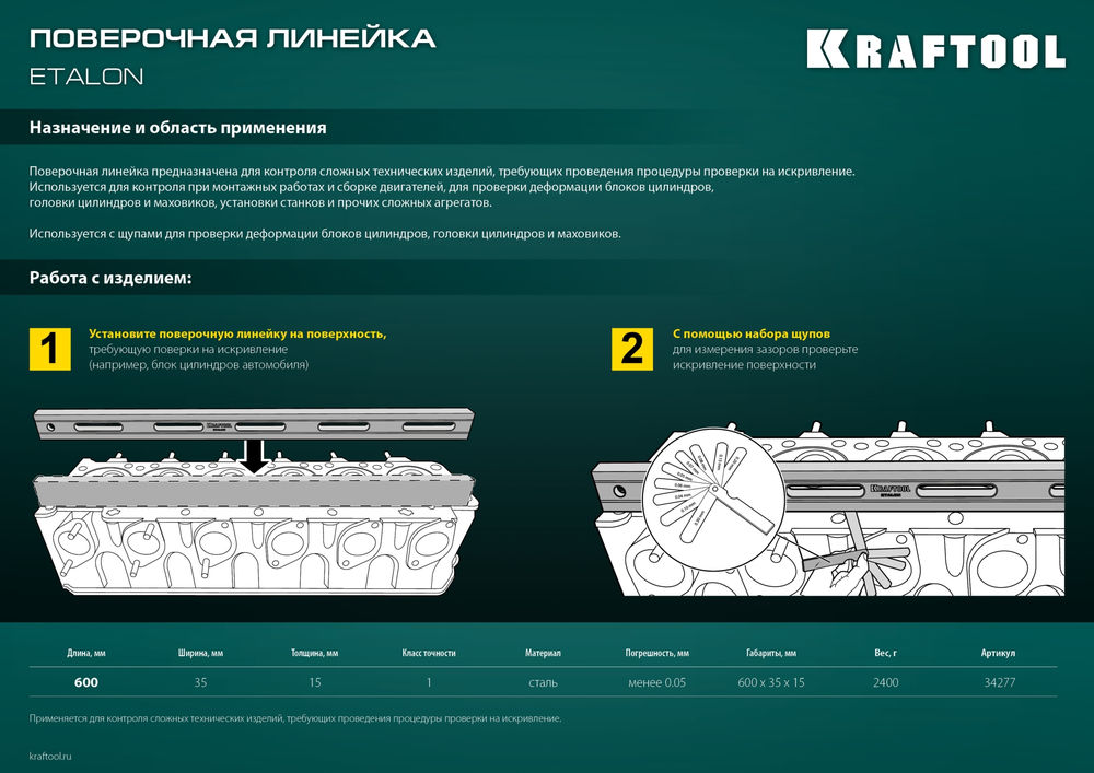 Линейка поверочная 600 х 35 х 16 мм класс точности 1 ETALON KRAFTOOL 34277