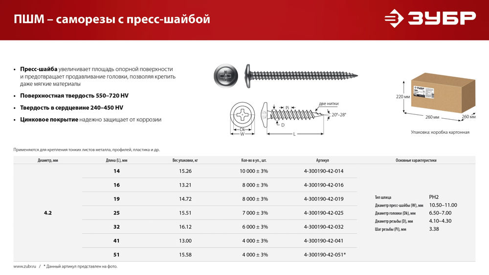 Саморез с пресс-шайбой 16 х 4.2 мм, цинк, 13.21 кг ЗУБР ПШМ 4-300190-42-016_z01