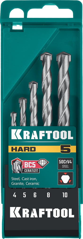 Набор сверл по твёрдым материалам Hard, 5 шт: 4-5-6-8-10 мм KRAFTOOL 29177-H5
