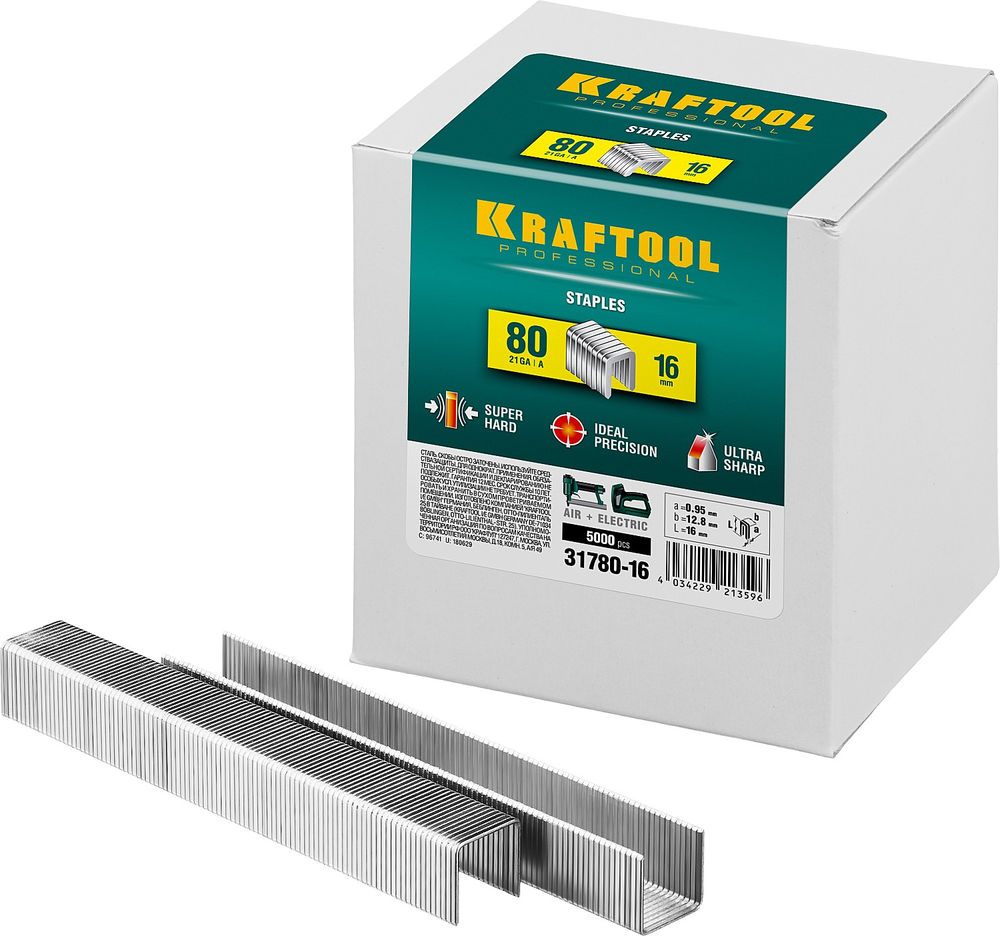 Скобы тип 80 (BeA/Prebena A/Senco AT), 16 мм, калибр 21GA, 5000 шт KRAFTOOL 31780-16