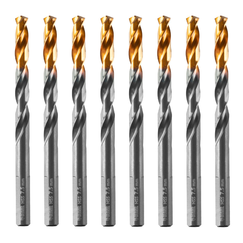 Сверло по металлу, 7,5 мм, HSS-Tin, Golden Tip, 8 шт. Denzel (717218)