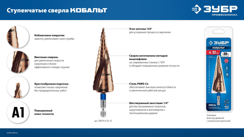 Сверло ступенчатое 9-36 мм, 10 ступеней, винтовая проточка КОБАЛЬТ ЗУБР ПРОФЕССИОНАЛ 29674-9-36-10