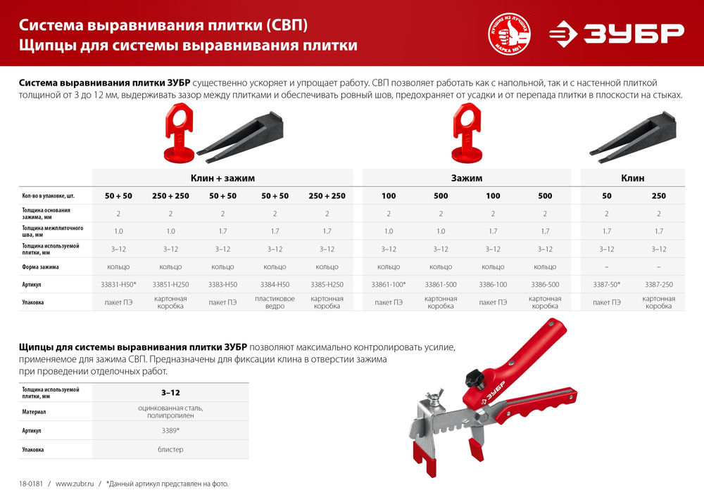 Система выравнивания плитки СВП комплект 1.0 мм, зажим + клин, 250 + 250 шт ЗУБР 33851-H250