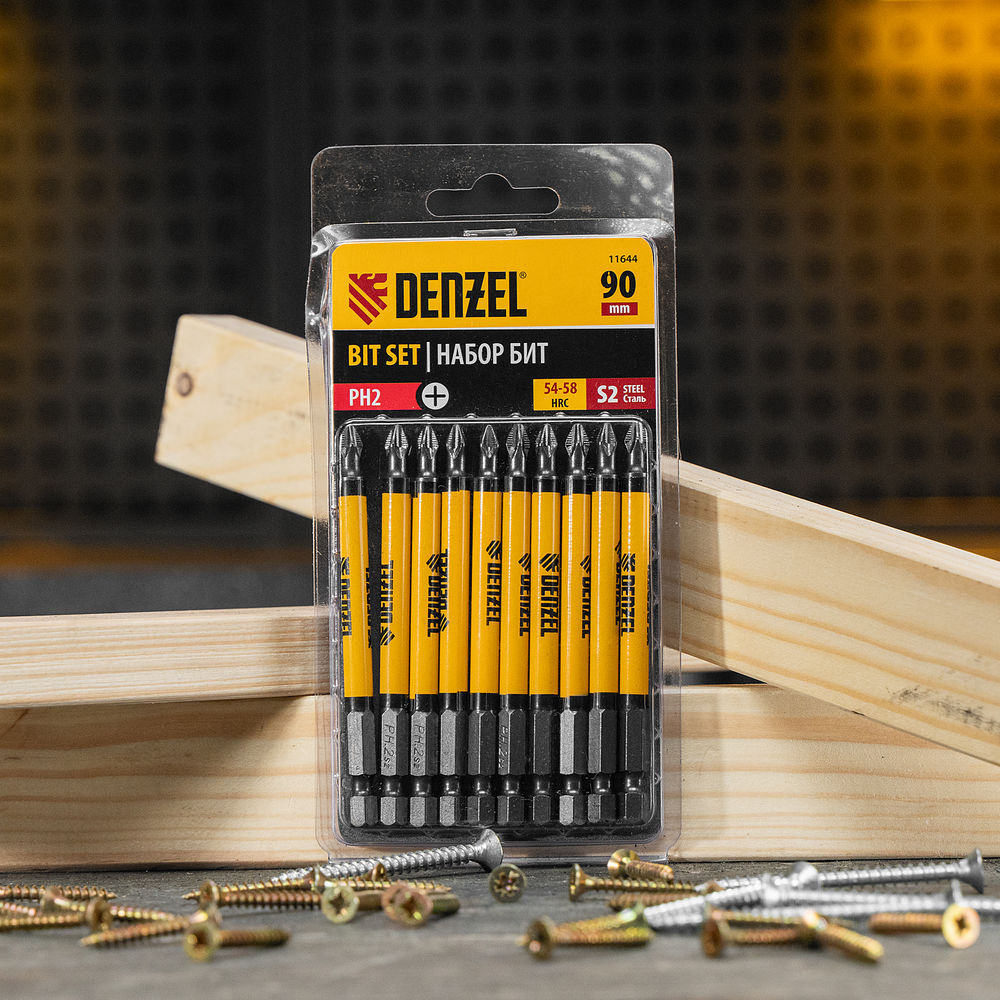 Бита PH2х90, сталь S2, цилиндр., 10 шт. Е 6,3 Denzel (11644)