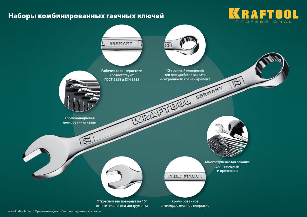 Набор ключей гаечных комбинированных 6 - 32 мм, 18 шт KRAFTOOL 27079-H18E
