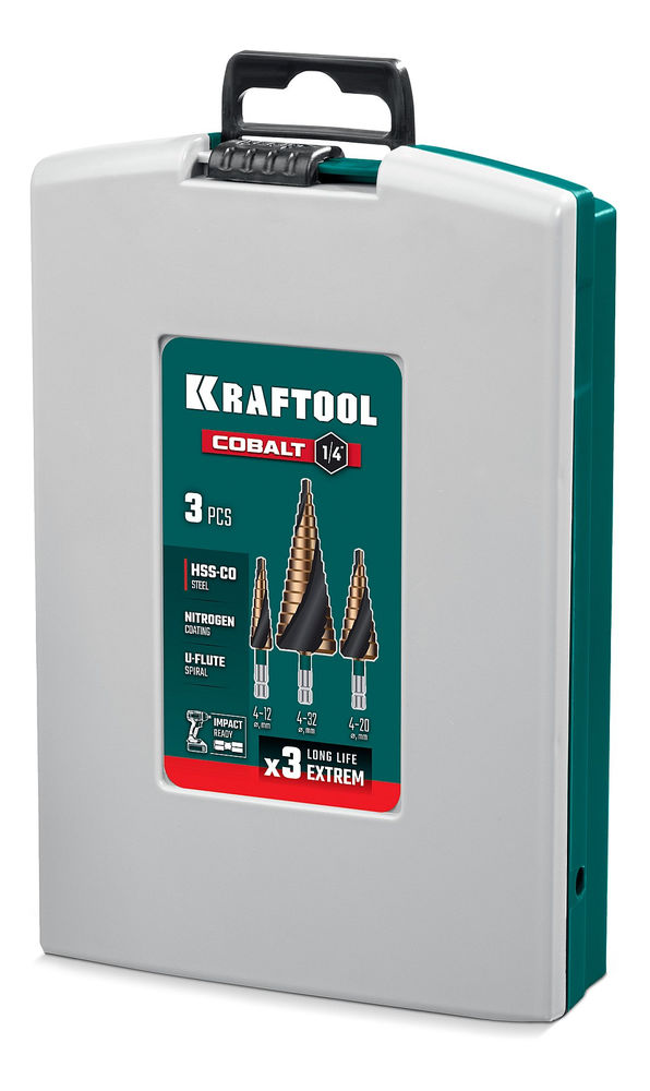 Набор сверл ступенчатых COBALT, 3 шт., 4–32 мм, азотирование, винтовая спираль KRAFTOOL 29691-4-32-H3