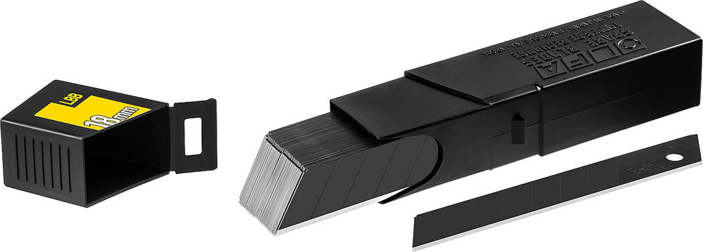 Черные сегментированные лезвия EXCEL BLACK 18 мм, 50 шт, в пластиковом кейсе + блистер, особо острые OLFA OL-LBB-50B