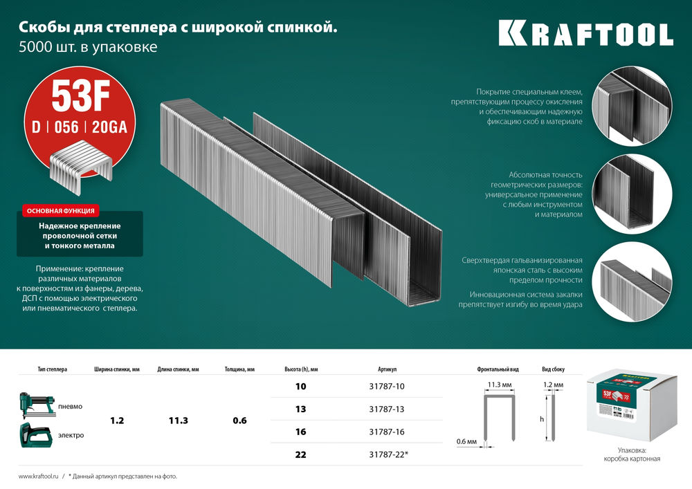 Скобы тип 53F (D/056), 16 мм, калибр 23GA, 5000 шт KRAFTOOL 31787-16