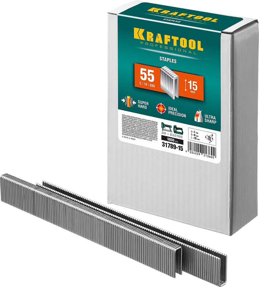 Скобы тип 55 (90/C), 15 мм, калибр 18GA, 5000 шт KRAFTOOL 31789-15