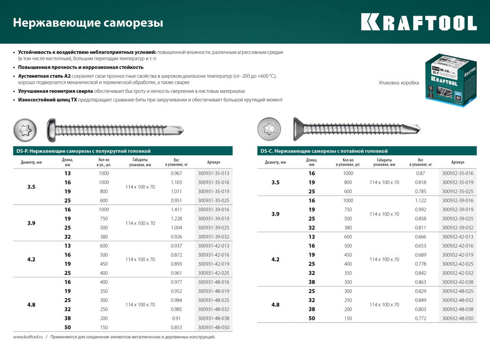 Саморез нержавеющий 25?3.9 мм DS-P А2 сверло полукруглая головка ТХ15 500 шт KRAFTOOL 300931-39-025