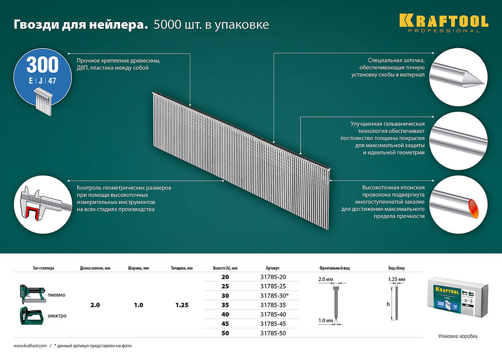 Гвозди тип 300 (47/J/F), 35 мм, калибр 18GA, 5000 шт KRAFTOOL 31785-35