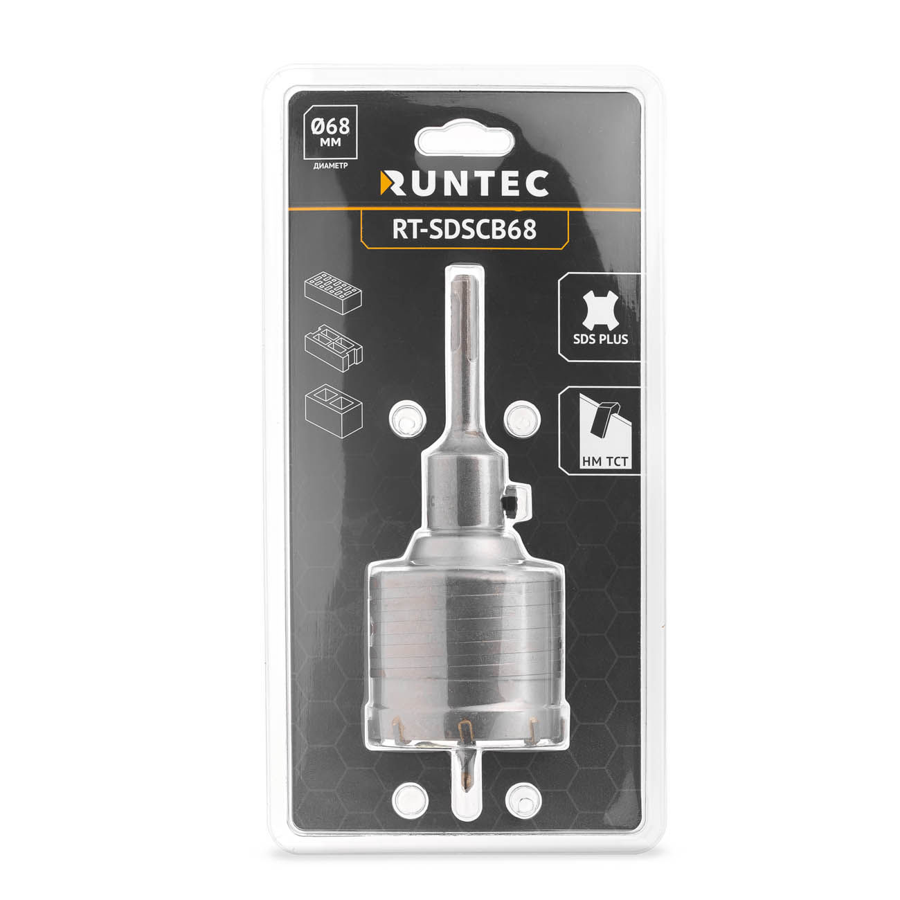 Коронка твердосплавная TCT SDS-Plus, в сборе, 68 мм RUNTEC RT-SDSCB68