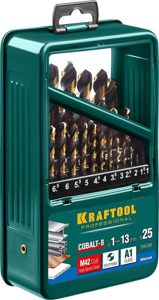 Набор сверл по металлу COBALT-8, 25 шт, (1–13 мм), сталь М42, HSS-Co(8%) KRAFTOOL 29656-H25