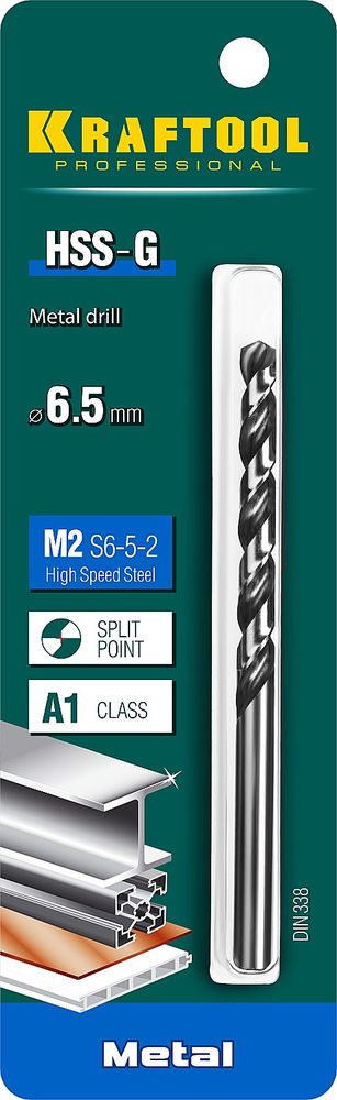 Сверло по металлу 6.5 х 101 мм сталь P6M5 HSS-G KRAFTOOL 29651-6.5