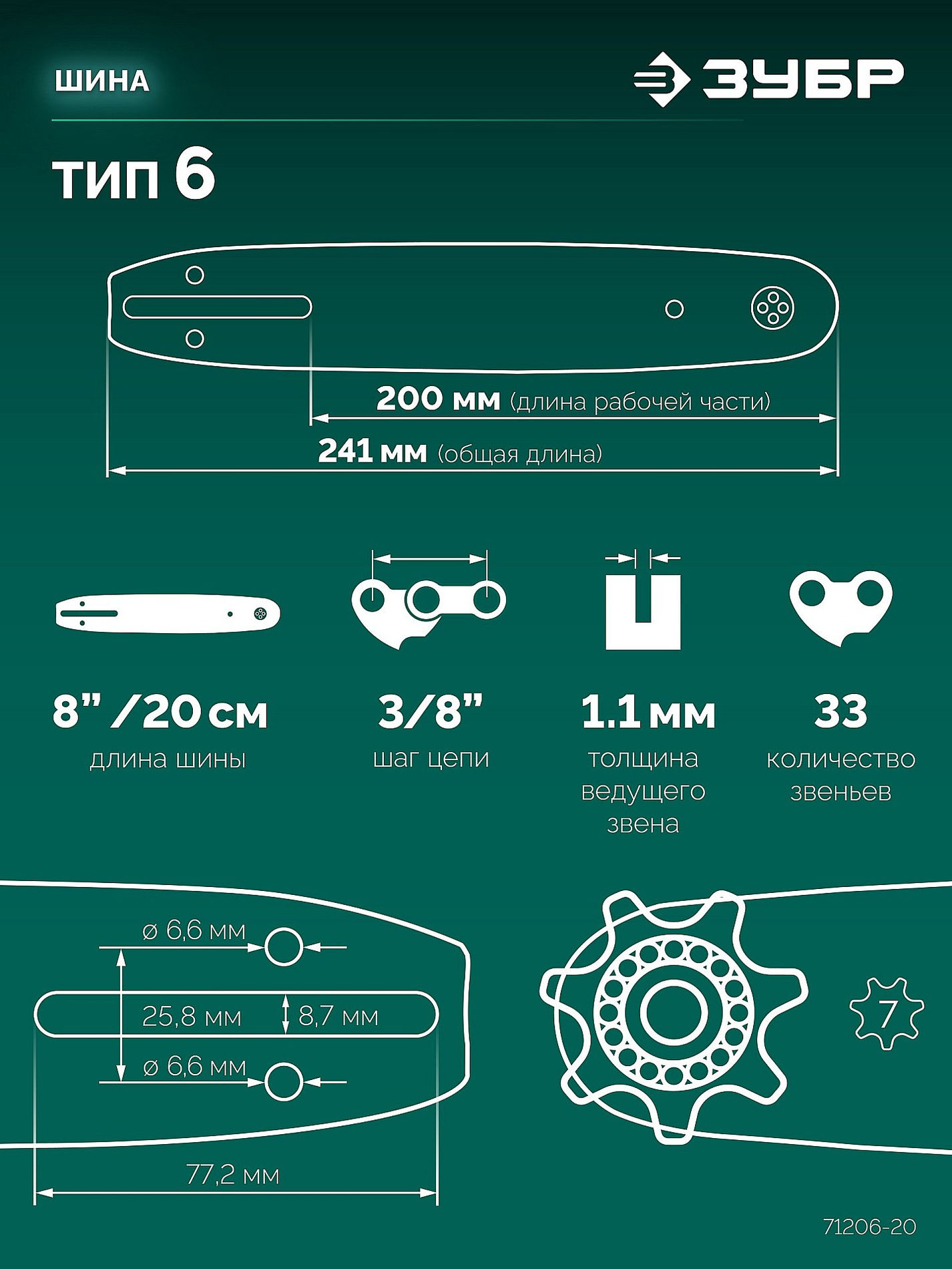 ЗУБР тип 6, 20 см, шаг 3/8?, паз 1.1 мм, 33 звеньев, шина (71206-20)