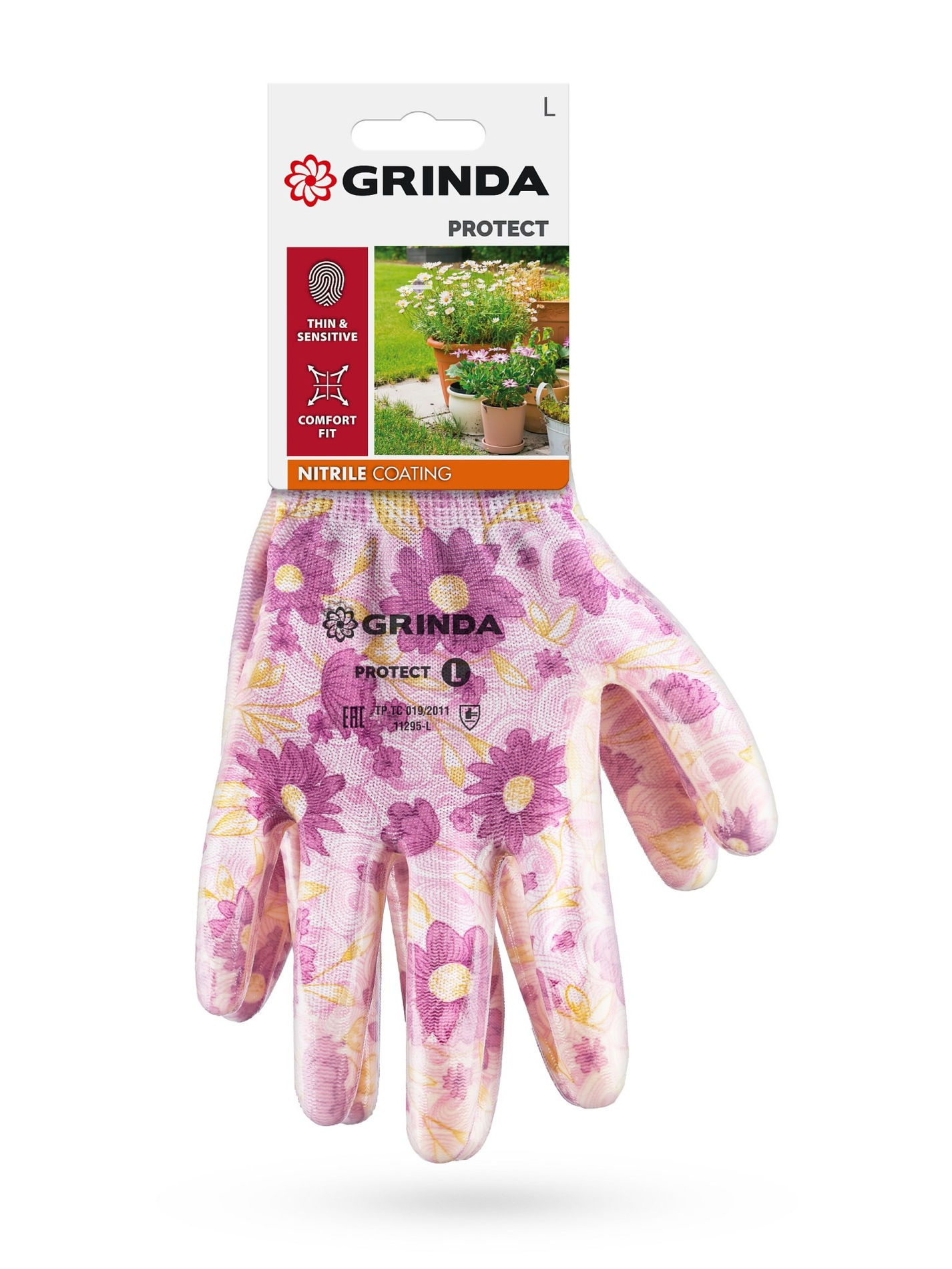 GRINDA PROTECT, L (9), садовые перчатки с прозрачным нитриловым покрытием, фиолетовые, 13 класс (11295-L)