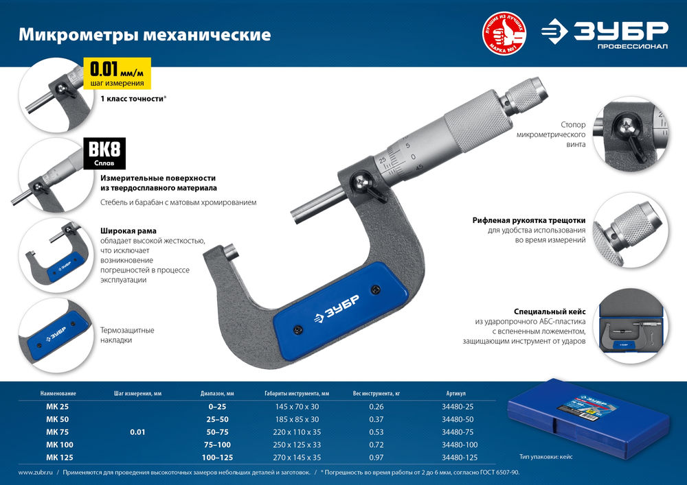 Микрометр гладкий механический 0–25 мм ЗУБР Профессионал 34480-25_z02
