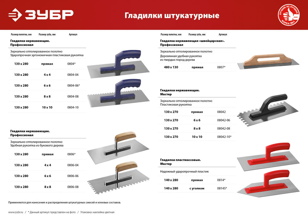 Гладилка штукатурная 130?280 мм зуб 10?10 мм ЗУБР Профессионал 0804-10