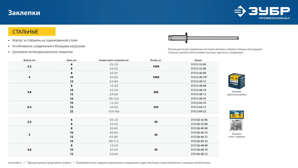 Заклёпки стальные 4.8?10 мм 50 шт ЗУБР Профессионал 313126-48-10