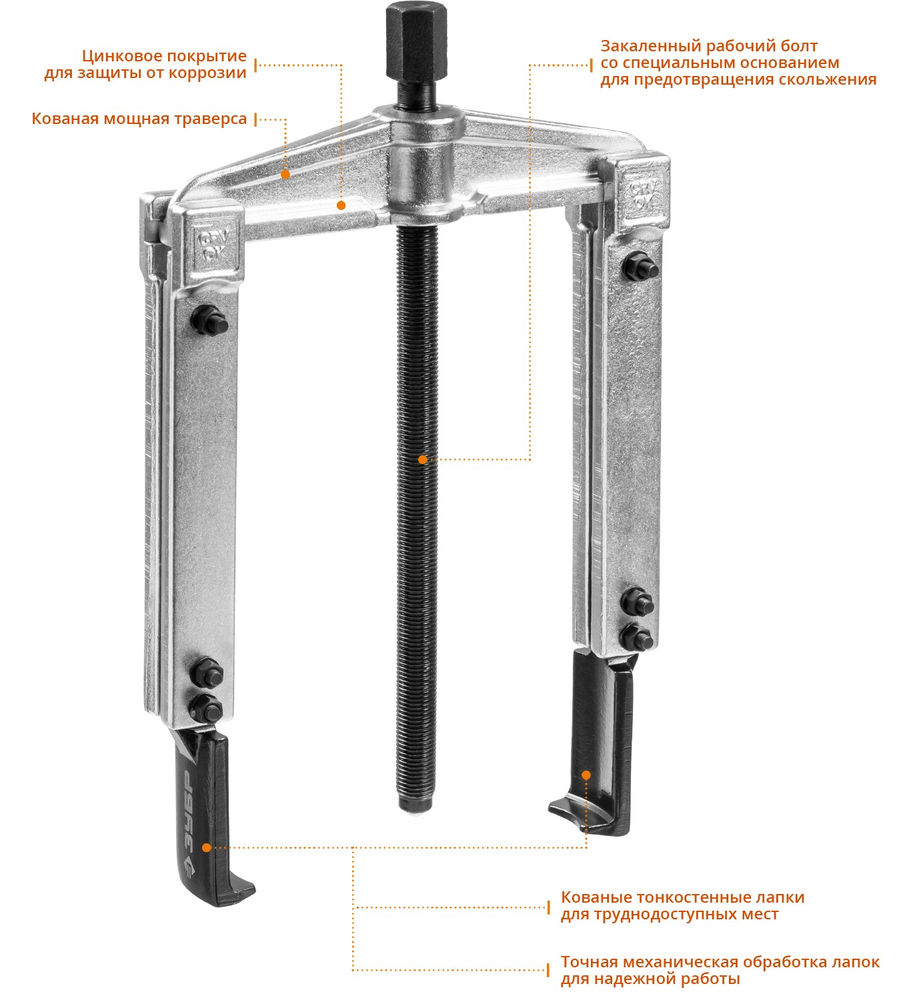 Съемник внешний d 30 - 135 мм внутренний d 60 - 160 мм раздвижной двухзахватный с тонкими захватами Профессионал ЗУБР 43313-160-215