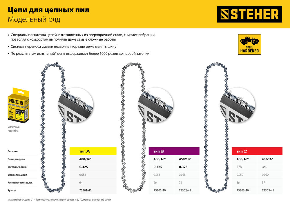 Цепь для бензопил type B STEHER шаг 0.325 паз 1.5 мм 72 звена 75302-45  