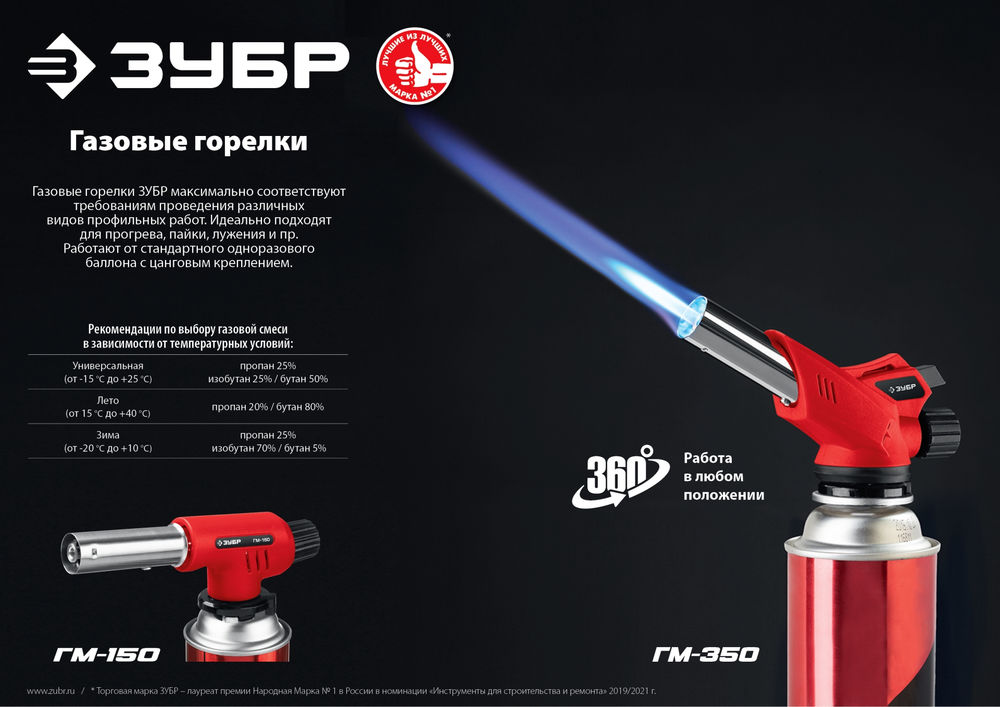 Горелка газовая ГМ-150 1300°C с пьезоподжигом на баллон с цанговым соединением ЗУБР 55554