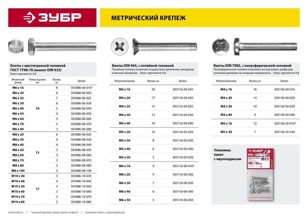 Болт M10 x 40 мм, кл. пр. 5.8, цинк, 4 шт, ГОСТ 7798-70 ЗУБР 303086-10-040