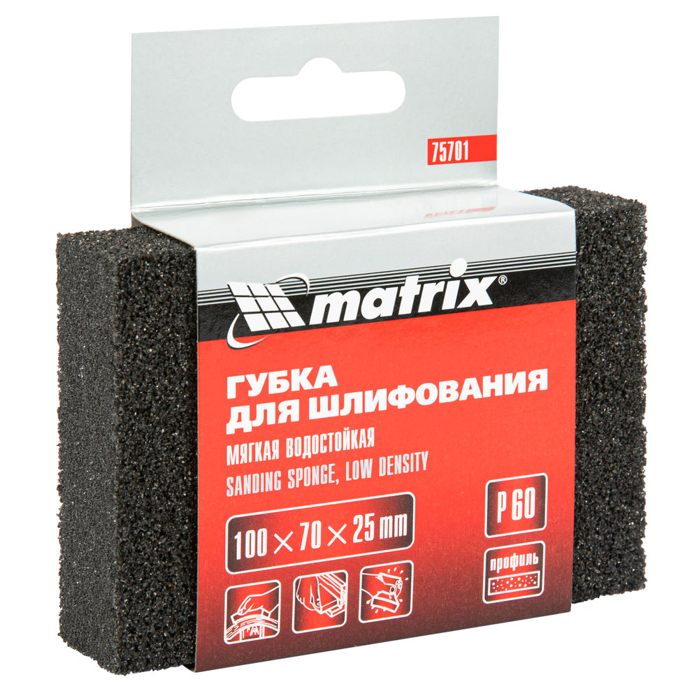 Губка для шлифования, 100 х 70 х 25 мм, мягкая, P 60 Matrix (75701)