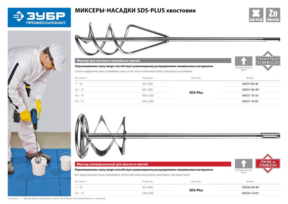 Миксер для песчано-гравийных смесей 60 x 400 мм, SDS+ ЗУБР Профессионал 06037-06-40