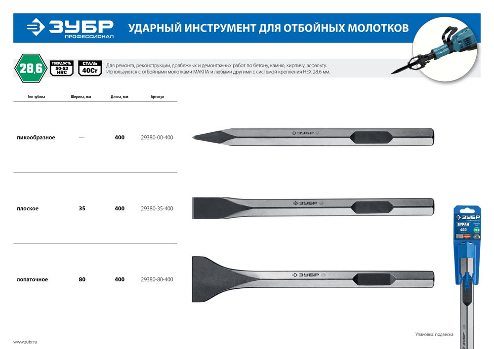 Зубило лопаточное 80 x 400 мм HEX 28 ЗУБР БУРАН 29380-80-400