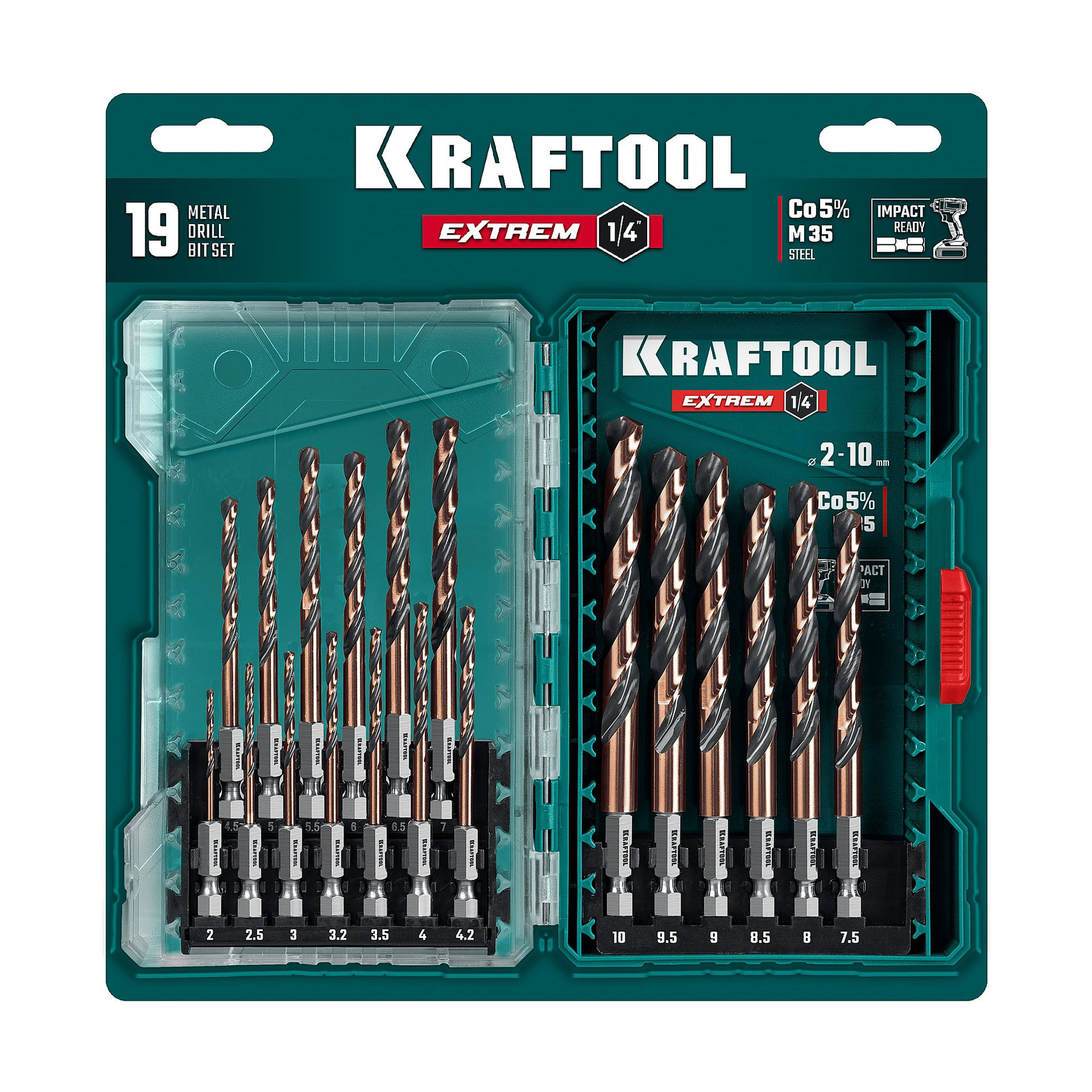 KRAFTOOL НЕХ-1/4?, 19 шт, набор сверл по металлу для винтовёртов и шуруповертов IMPACT READY (29652-H19)