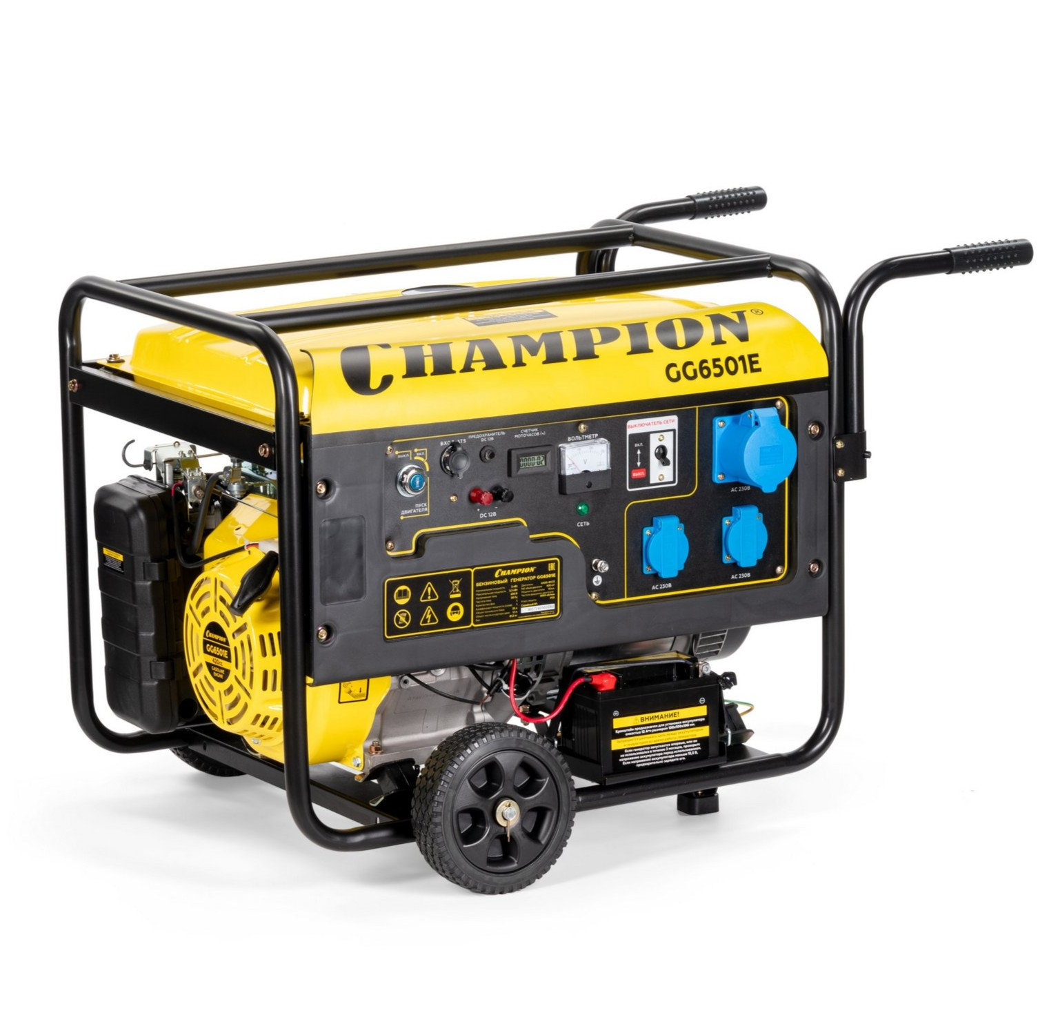Генератор CHAMPION GG6501E+ATS (5/5,5кВт 15лс 25л 12В 81,5кг эл. стартер,счетчик) (GG6501E)